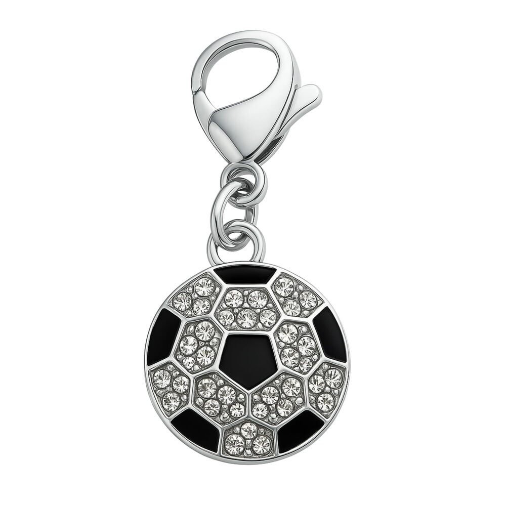 6944 Soccer Ball Clip On Charm – Stainless Steel Black and Crystal
